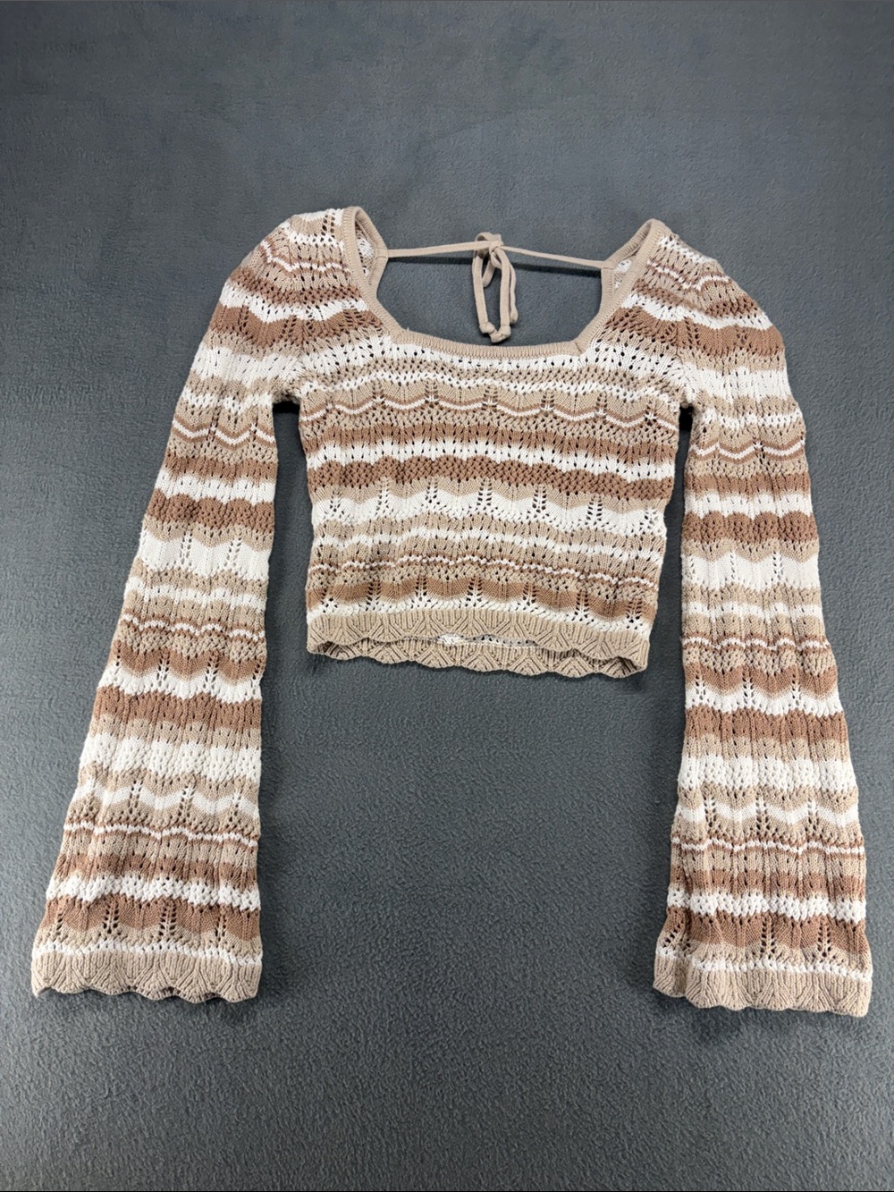 Hollister Striped Crochet Bell Sleeve Crop Top - Beige & White